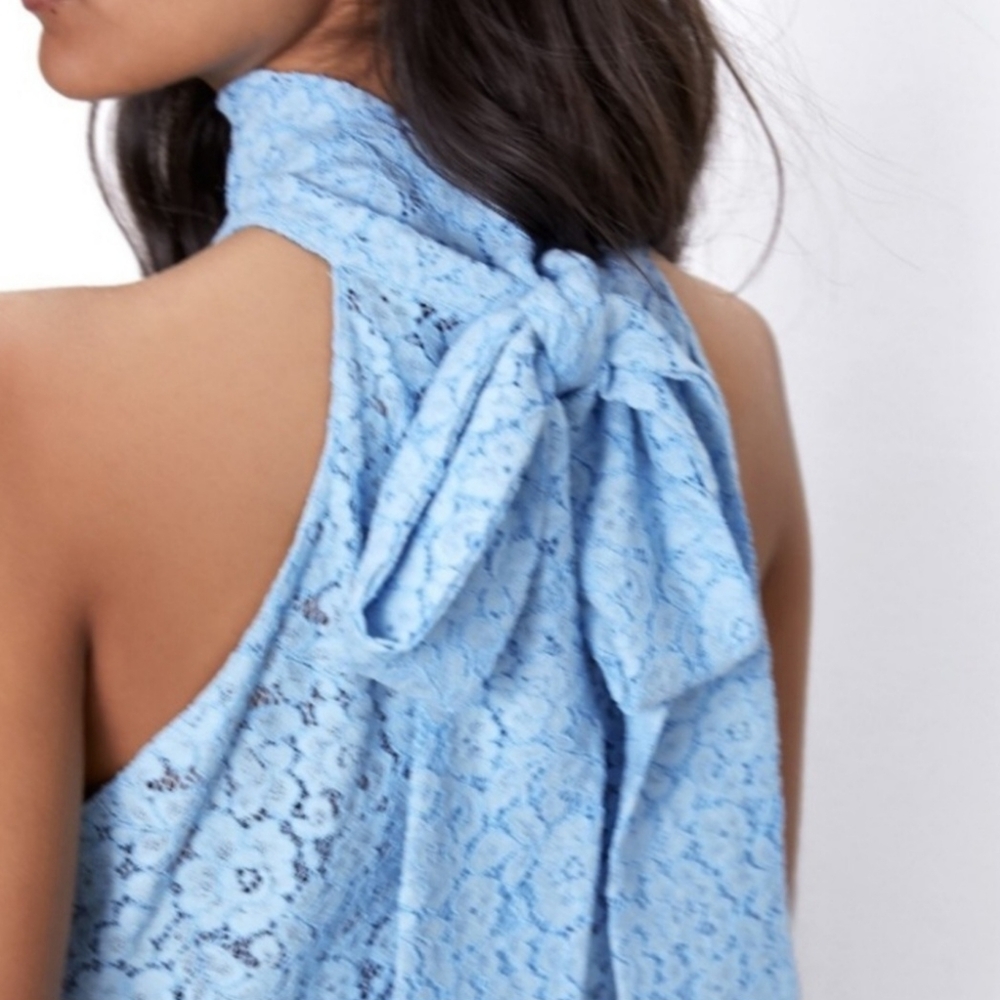 Zara Blue Lace Babydoll Blouse XS Bow Halter Sleeveless Lolita Coquette Top - Picture 2 of 10